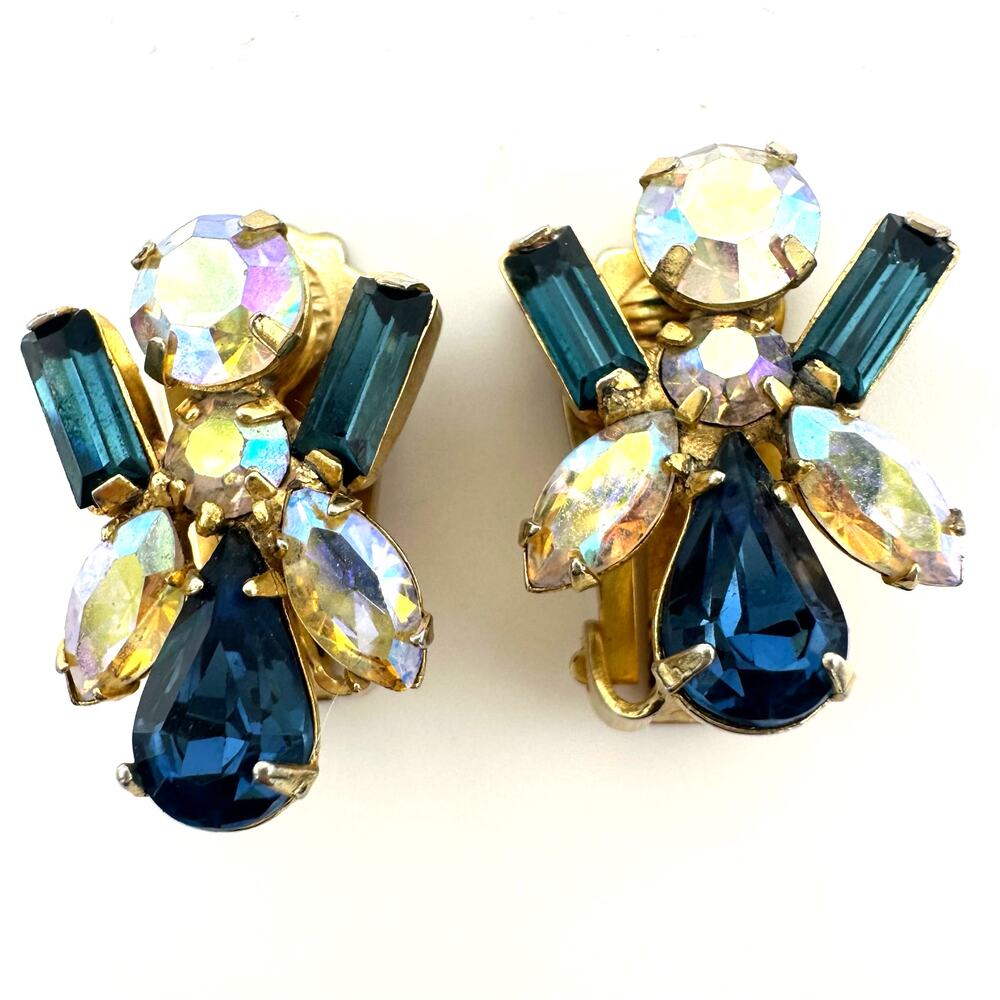 Vintage 1950s gold tone blue aurora borealis AB rhinestones clip on earrings
